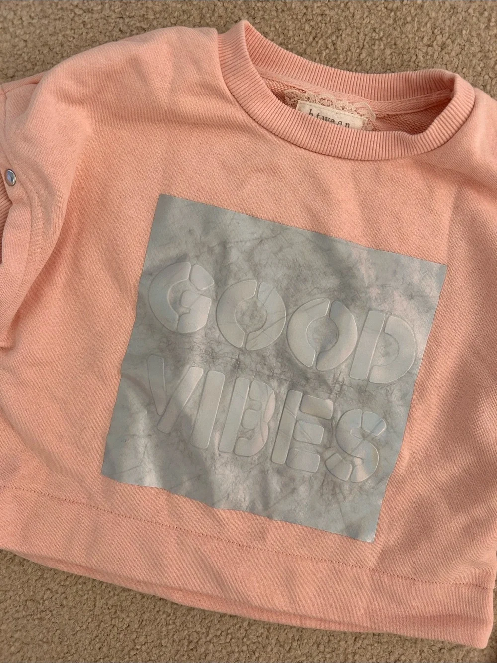 btween Light Pink Long Sleeve Top with Silver 'GOOD VIBES' Graphic